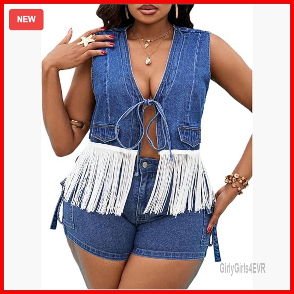 Plus Size Fringe Denim Vest Western Tie Front Sleeveless Jean Jacket